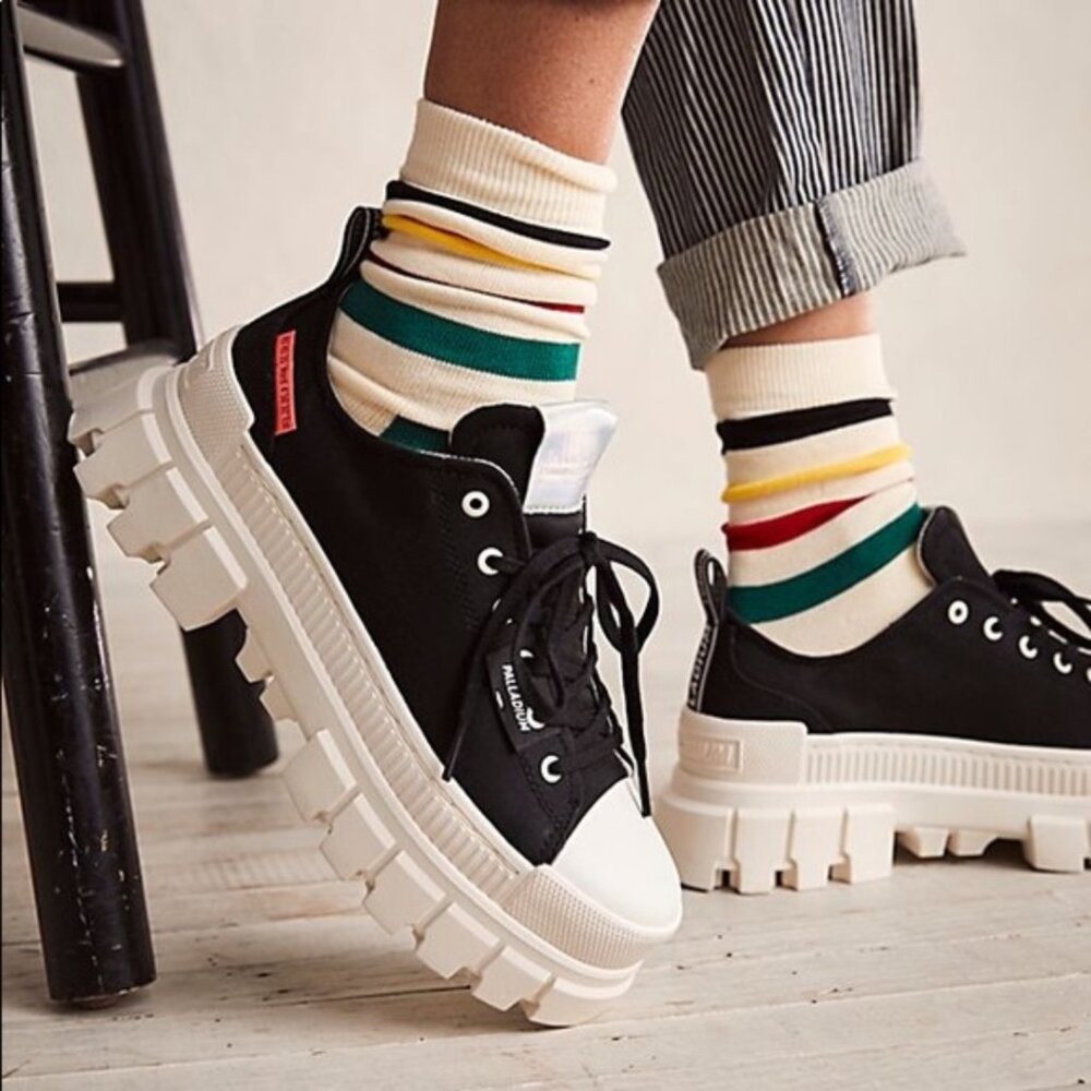 Palladium Black White Canvas Chunky Lug Sole Y2K Vegan Platform Sneakers Shoes